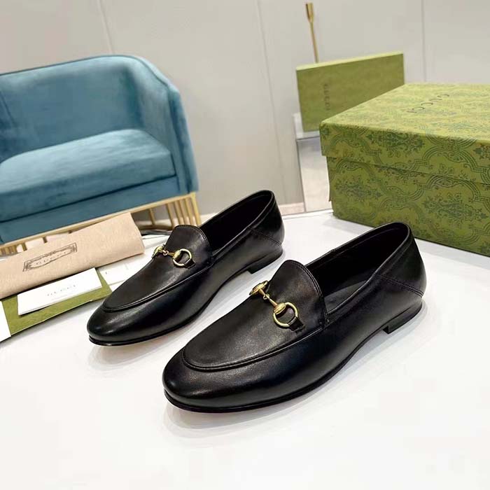 Gucci Unisex Leather Horsebit Loafer Black Slim Shape Sole Flat 1 CM Heel