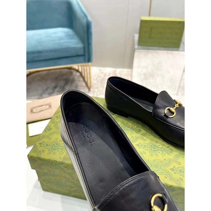 Gucci Unisex Leather Horsebit Loafer Black Slim Shape Sole Flat 1 CM Heel