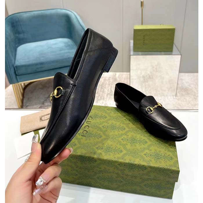 Gucci Unisex Leather Horsebit Loafer Black Slim Shape Sole Flat 1 CM Heel