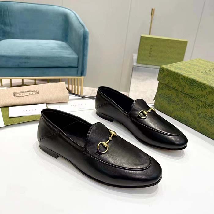 Gucci Unisex Leather Horsebit Loafer Black Slim Shape Sole Flat 1 CM Heel