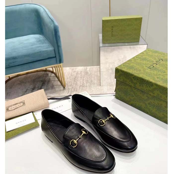 Gucci Unisex Leather Horsebit Loafer Black Slim Shape Sole Flat 1 CM Heel