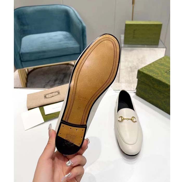 Gucci Unisex Leather Horsebit Loafer White Slim Shape Sole Flat 1 CM Heel