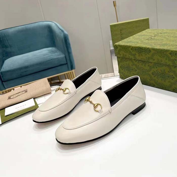 Gucci Unisex Leather Horsebit Loafer White Slim Shape Sole Flat 1 CM Heel