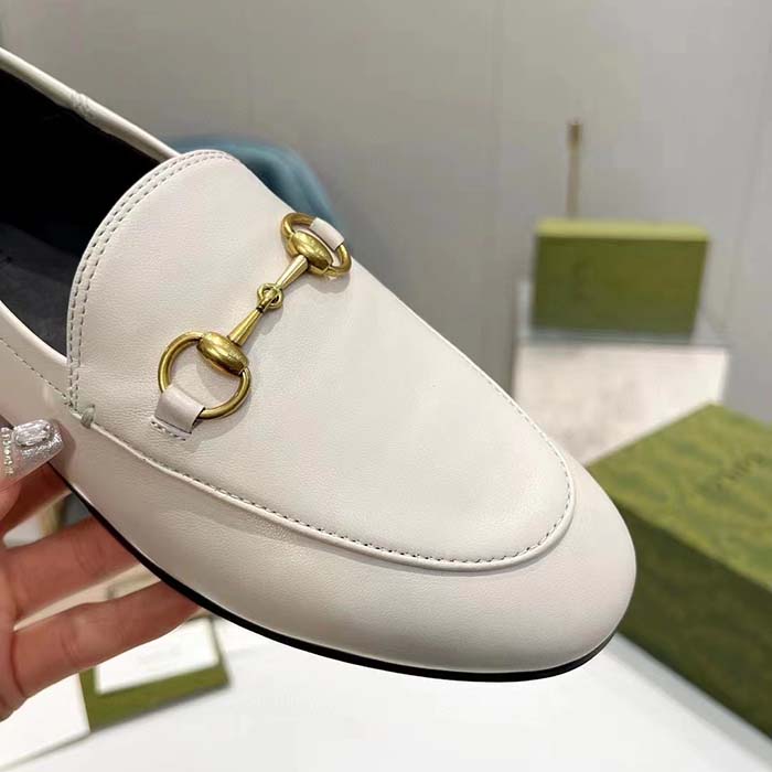 Gucci Unisex Leather Horsebit Loafer White Slim Shape Sole Flat 1 CM Heel