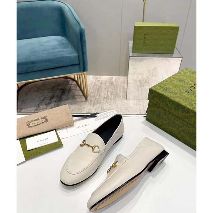 Gucci Unisex Leather Horsebit Loafer White Slim Shape Sole Flat 1 CM Heel