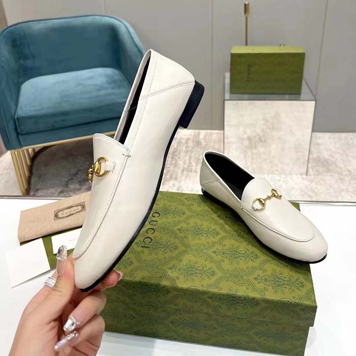 Gucci Unisex Leather Horsebit Loafer White Slim Shape Sole Flat 1 CM Heel