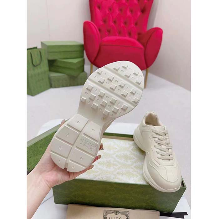 Gucci Unisex Rhyton Sneakers Ivory Leather Pink Interlocking G Cut-Out Rubber Sole
