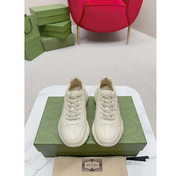 Gucci Unisex Rhyton Sneakers Ivory Leather Pink Interlocking G Cut-Out Rubber Sole
