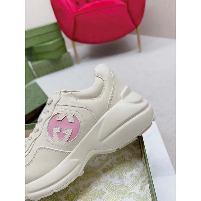 Gucci Unisex Rhyton Sneakers Ivory Leather Pink Interlocking G Cut-Out Rubber Sole