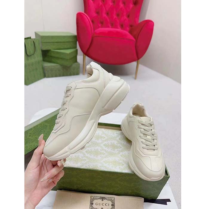 Gucci Unisex Rhyton Sneakers Ivory Leather Pink Interlocking G Cut-Out Rubber Sole