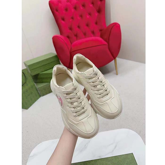 Gucci Unisex Rhyton Sneakers Ivory Leather Pink Interlocking G Cut-Out Rubber Sole
