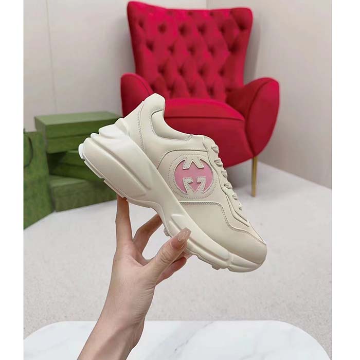 Gucci Unisex Rhyton Sneakers Ivory Leather Pink Interlocking G Cut-Out Rubber Sole