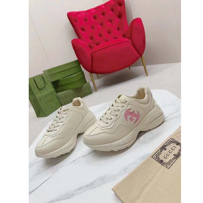 Gucci Unisex Rhyton Sneakers Ivory Leather Pink Interlocking G Cut-Out Rubber Sole