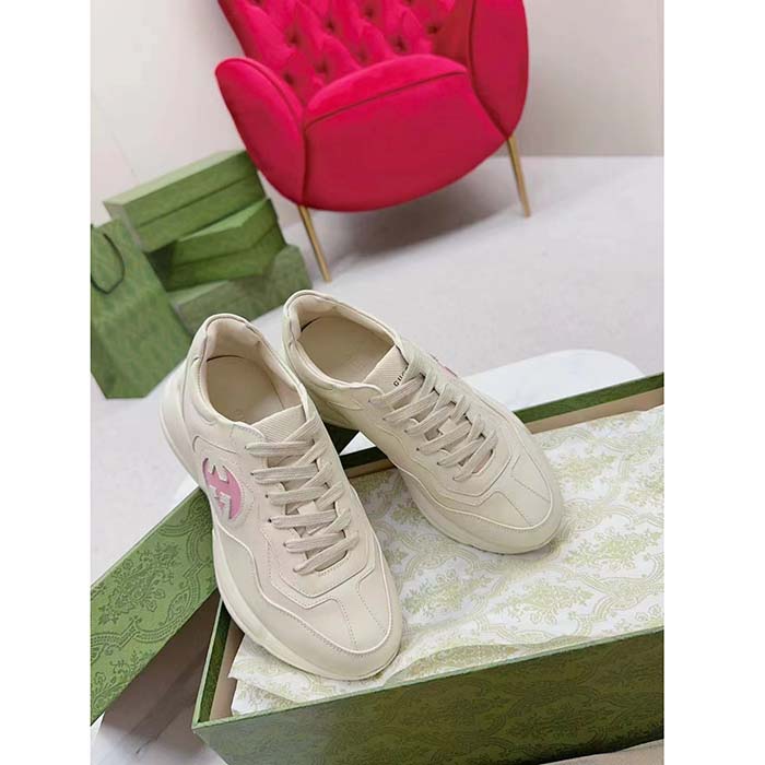Gucci Unisex Rhyton Sneakers Ivory Leather Pink Interlocking G Cut-Out Rubber Sole