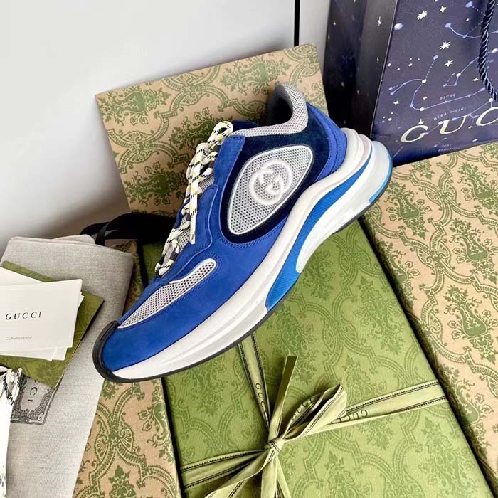 Gucci Unisex Run Sneaker Blue Black Suede Interlocking G Bi-Color Rubbe Low Heel
