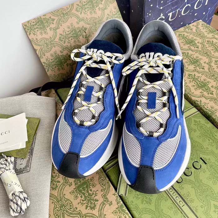 Gucci Unisex Run Sneaker Blue Black Suede Interlocking G Bi-Color Rubbe Low Heel