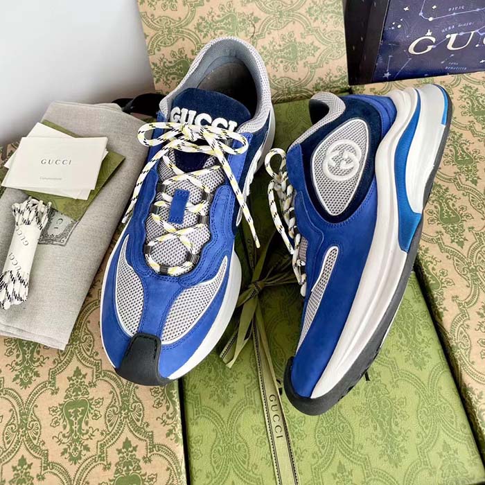 Gucci Unisex Run Sneaker Blue Black Suede Interlocking G Bi-Color Rubbe Low Heel