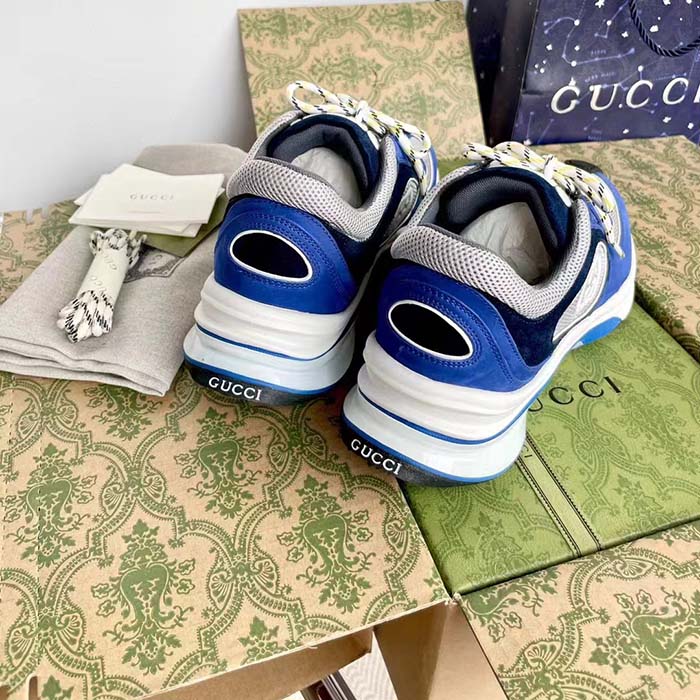 Gucci Unisex Run Sneaker Blue Black Suede Interlocking G Bi-Color Rubbe Low Heel