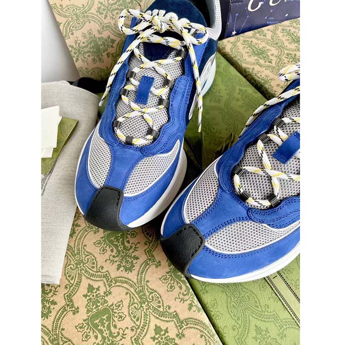 Gucci Unisex Run Sneaker Blue Black Suede Interlocking G Bi-Color Rubbe Low Heel