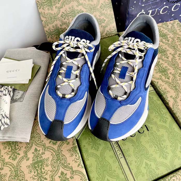 Gucci Unisex Run Sneaker Blue Black Suede Interlocking G Bi-Color Rubbe Low Heel