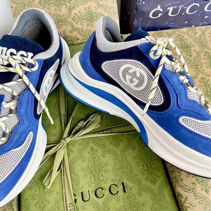 Gucci Unisex Run Sneaker Blue Black Suede Interlocking G Bi-Color Rubbe Low Heel