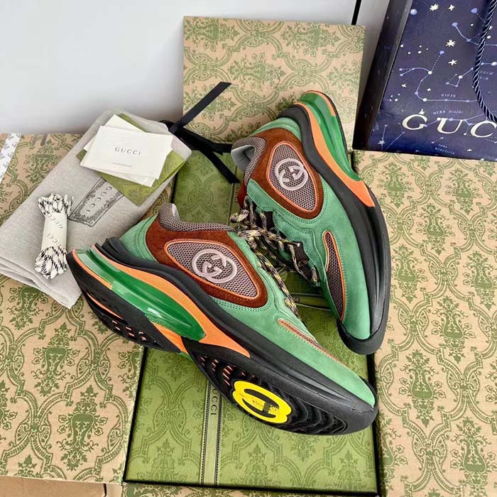 Gucci Unisex Run Sneaker Green Brown Suede Interlocking G Bi-Color Rubbe Low Heel