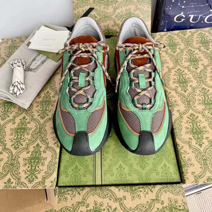 Gucci Unisex Run Sneaker Green Brown Suede Interlocking G Bi-Color Rubbe Low Heel