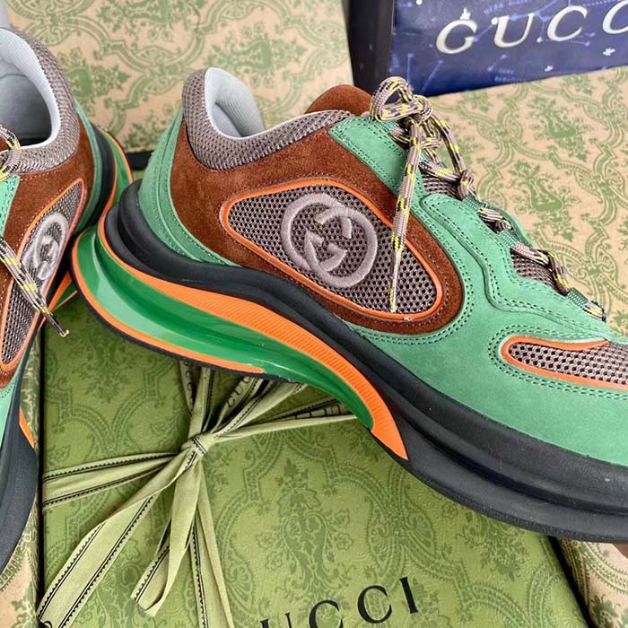 Gucci Unisex Run Sneaker Green Brown Suede Interlocking G Bi-Color Rubbe Low Heel
