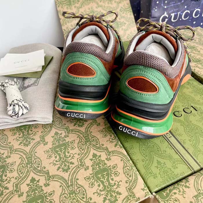 Gucci Unisex Run Sneaker Green Brown Suede Interlocking G Bi-Color Rubbe Low Heel