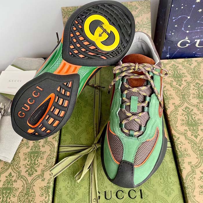 Gucci Unisex Run Sneaker Green Brown Suede Interlocking G Bi-Color Rubbe Low Heel