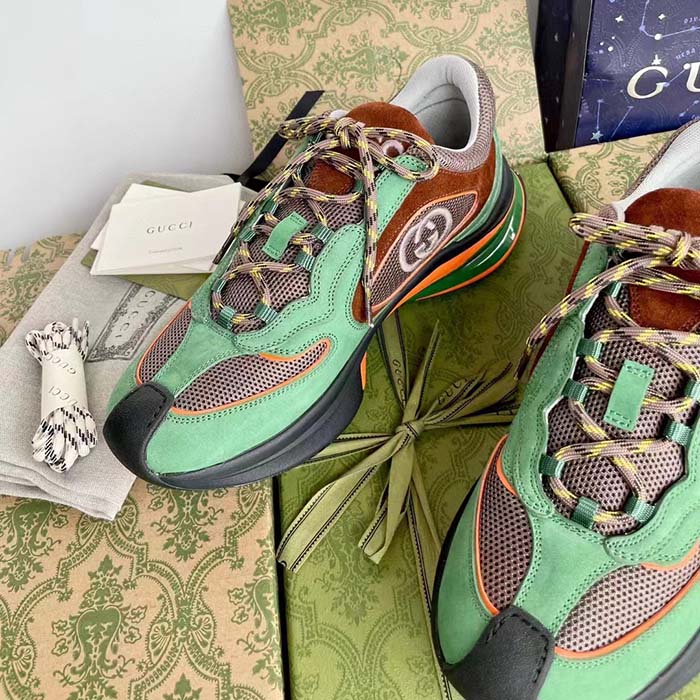 Gucci Unisex Run Sneaker Green Brown Suede Interlocking G Bi-Color Rubbe Low Heel