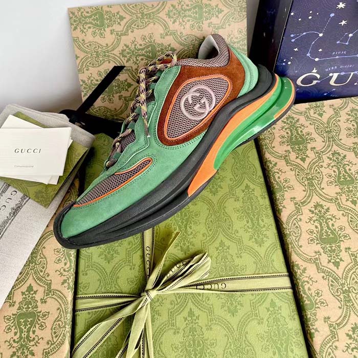 Gucci Unisex Run Sneaker Green Brown Suede Interlocking G Bi-Color Rubbe Low Heel