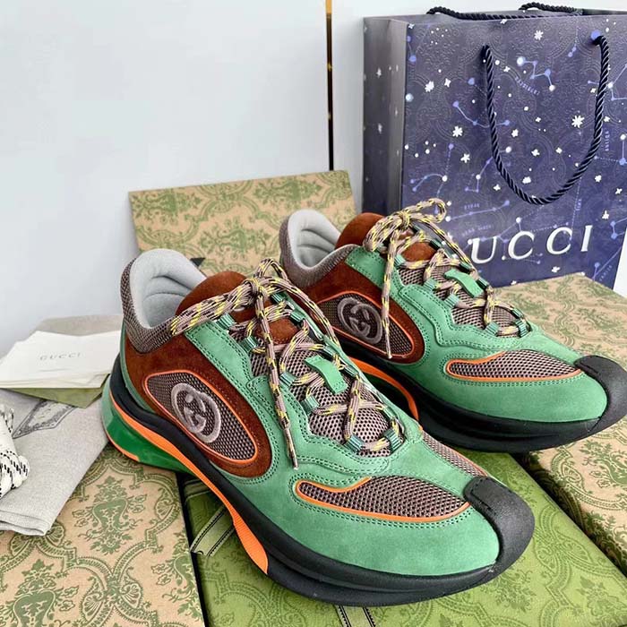 Gucci Unisex Run Sneaker Green Brown Suede Interlocking G Bi-Color Rubbe Low Heel