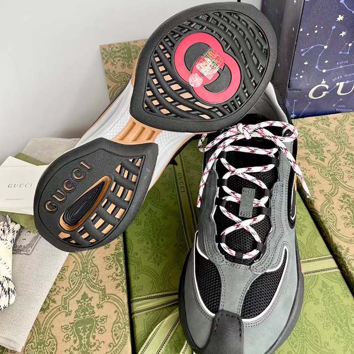 Gucci Unisex Run Sneaker Grey Black Suede Interlocking G Bi-Color Rubbe Low Heel