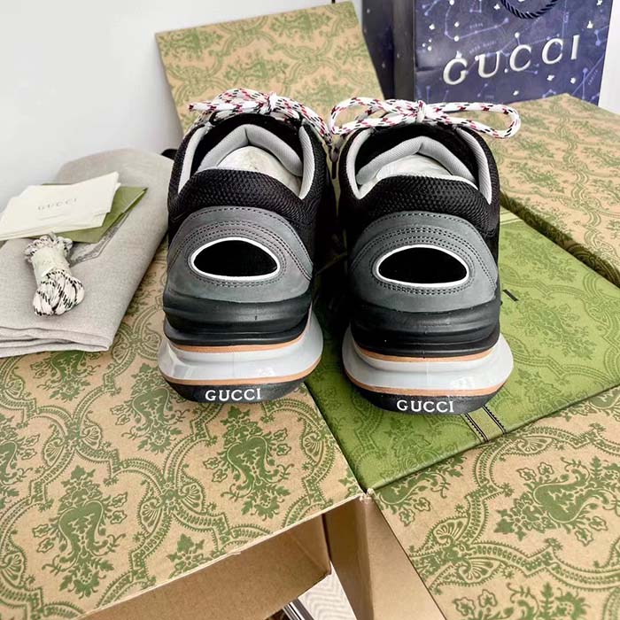 Gucci Unisex Run Sneaker Grey Black Suede Interlocking G Bi-Color Rubbe Low Heel