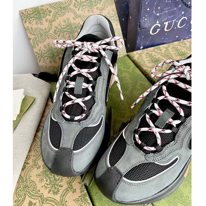 Gucci Unisex Run Sneaker Grey Black Suede Interlocking G Bi-Color Rubbe Low Heel
