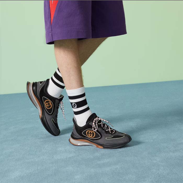 Gucci Unisex Run Sneaker Grey Black Suede Interlocking G Bi-Color Rubbe Low Heel