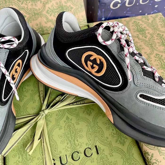 Gucci Unisex Run Sneaker Grey Black Suede Interlocking G Bi-Color Rubbe Low Heel
