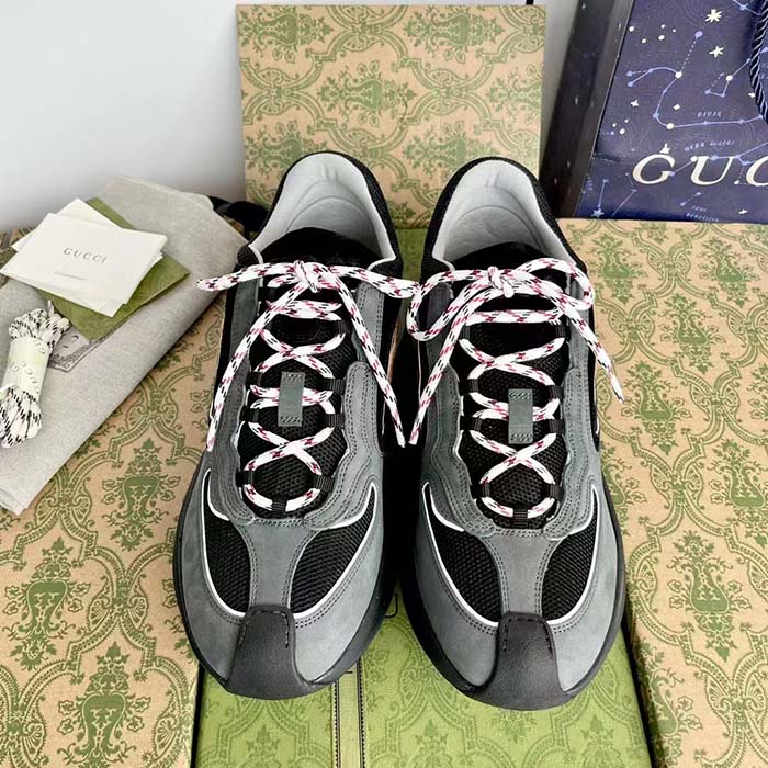 Gucci Unisex Run Sneaker Grey Black Suede Interlocking G Bi-Color Rubbe Low Heel