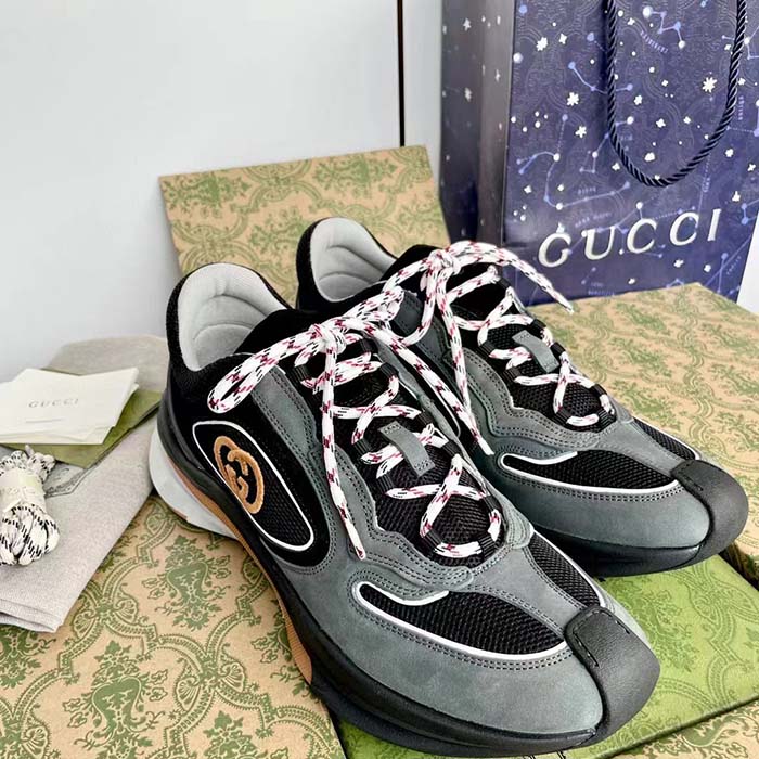 Gucci Unisex Run Sneaker Grey Black Suede Interlocking G Bi-Color Rubbe Low Heel