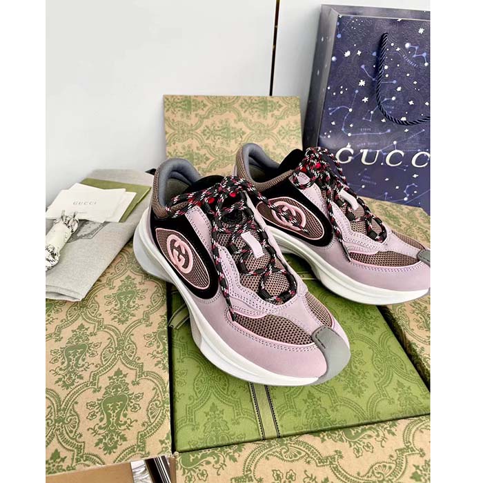 Gucci Unisex Run Sneaker Lilac Black Suede Interlocking G Bi-Color Rubbe Low Heel