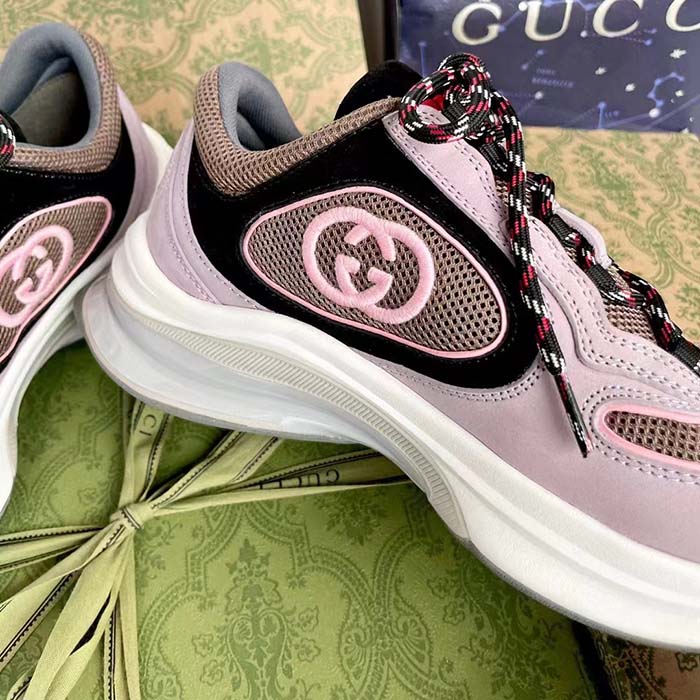 Gucci Unisex Run Sneaker Lilac Black Suede Interlocking G Bi-Color Rubbe Low Heel