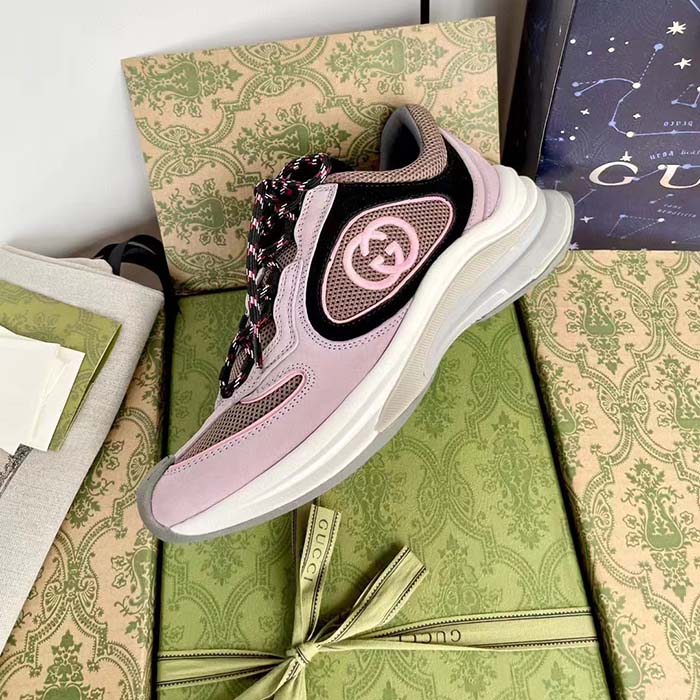 Gucci Unisex Run Sneaker Lilac Black Suede Interlocking G Bi-Color Rubbe Low Heel