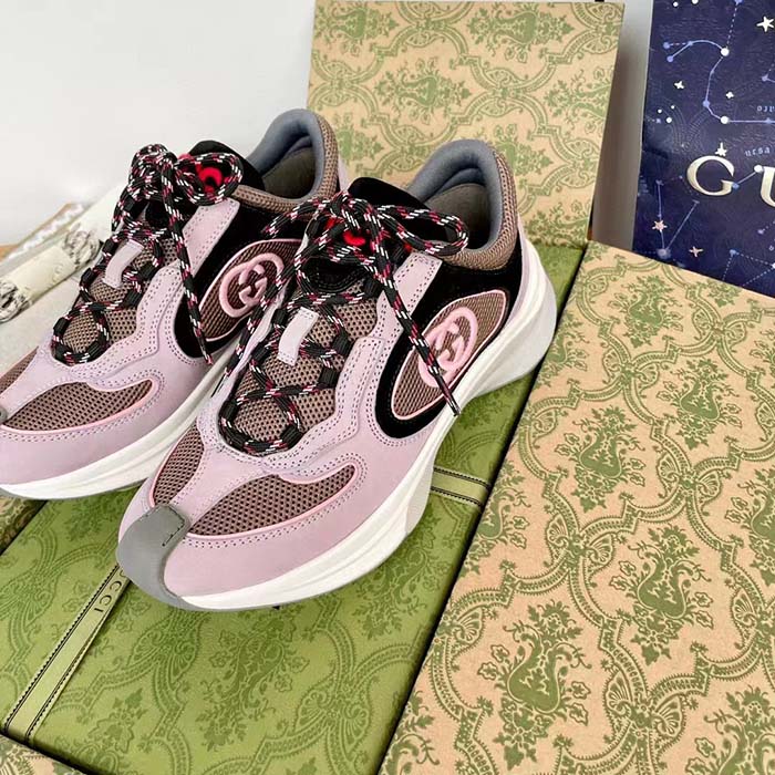 Gucci Unisex Run Sneaker Lilac Black Suede Interlocking G Bi-Color Rubbe Low Heel
