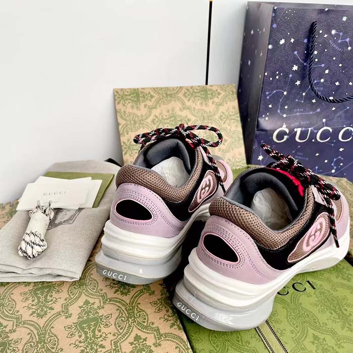 Gucci Unisex Run Sneaker Lilac Black Suede Interlocking G Bi-Color Rubbe Low Heel