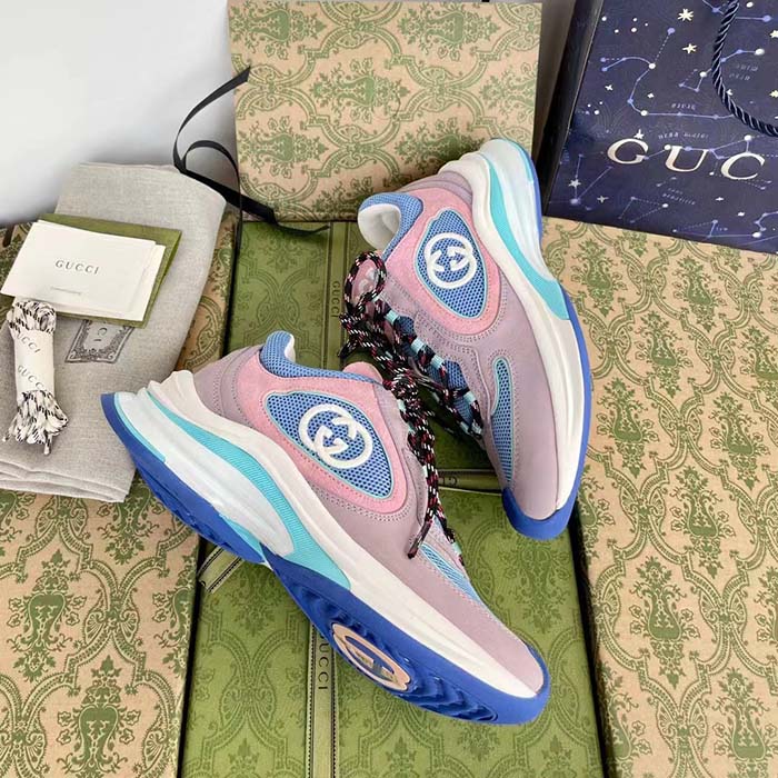Gucci Unisex Run Sneaker Lilac Light Pink Suede Interlocking G Bi-Color Rubbe Low Heel