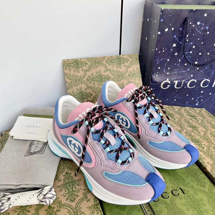 Gucci Unisex Run Sneaker Lilac Light Pink Suede Interlocking G Bi-Color Rubbe Low Heel