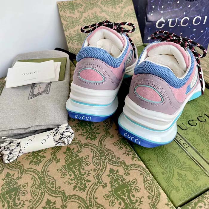 Gucci Unisex Run Sneaker Lilac Light Pink Suede Interlocking G Bi-Color Rubbe Low Heel