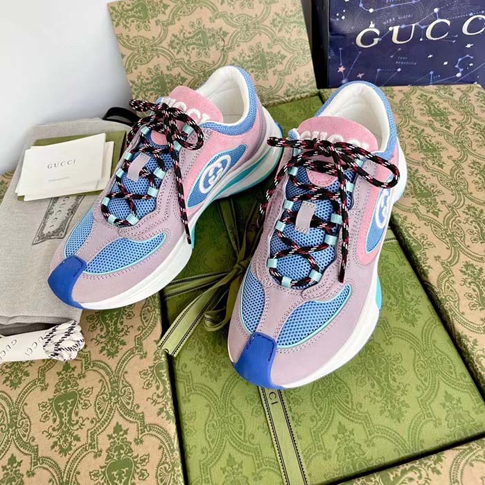 Gucci Unisex Run Sneaker Lilac Light Pink Suede Interlocking G Bi-Color Rubbe Low Heel