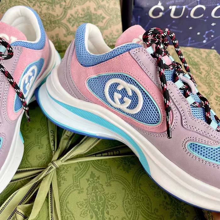 Gucci Unisex Run Sneaker Lilac Light Pink Suede Interlocking G Bi-Color Rubbe Low Heel